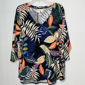 C&C California Top Womens 2X  100% Cotton Tropical Leaf Print 3/4 Sleeve.